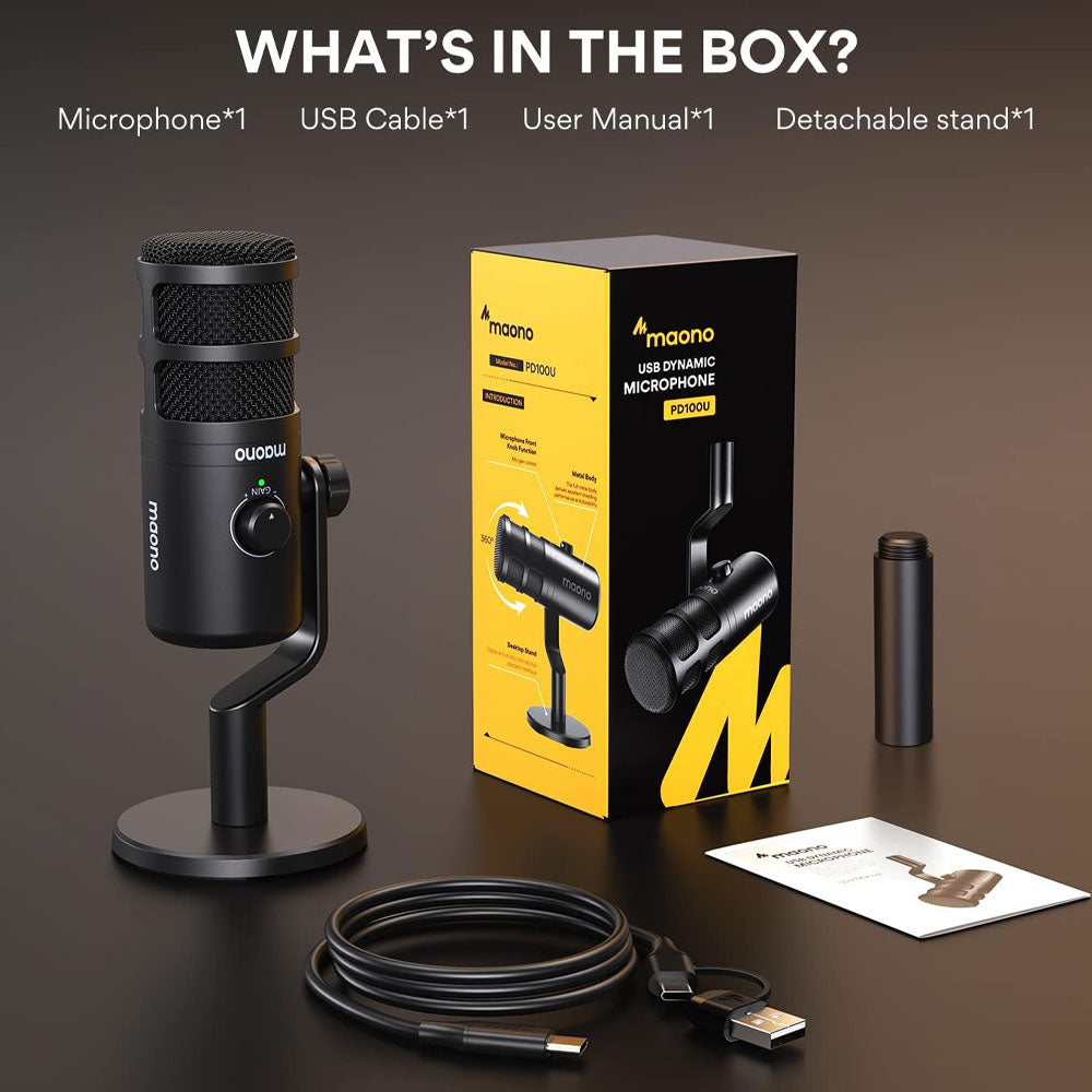 Maono PD100U Podcast Dynamic Wired Microphone - Black