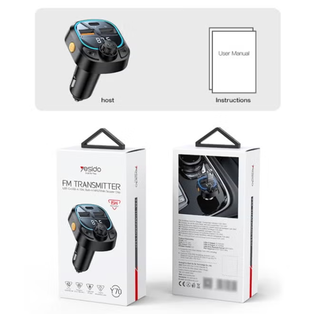 Yesido Y70 FM Transmitter & USB + Type-C 15W Charger