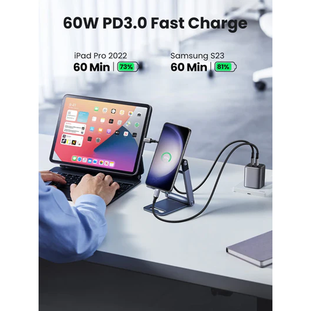 Ugreen US261 50150 60W Type-C to Type-C Round Cable 1m - Gray/Black